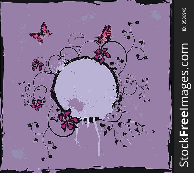 Grunge Violet Floral Frame With Butterflies