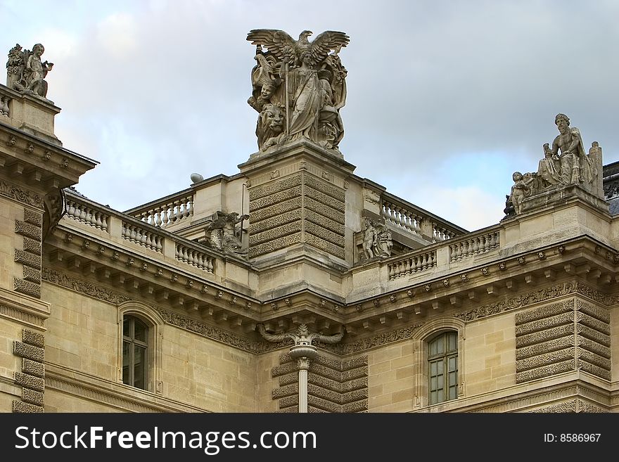 Sculptures on roof of building in Paris, France