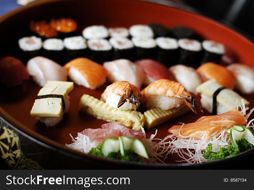 Japanese meal with Wasabi, Prawns, Sushi and Fish