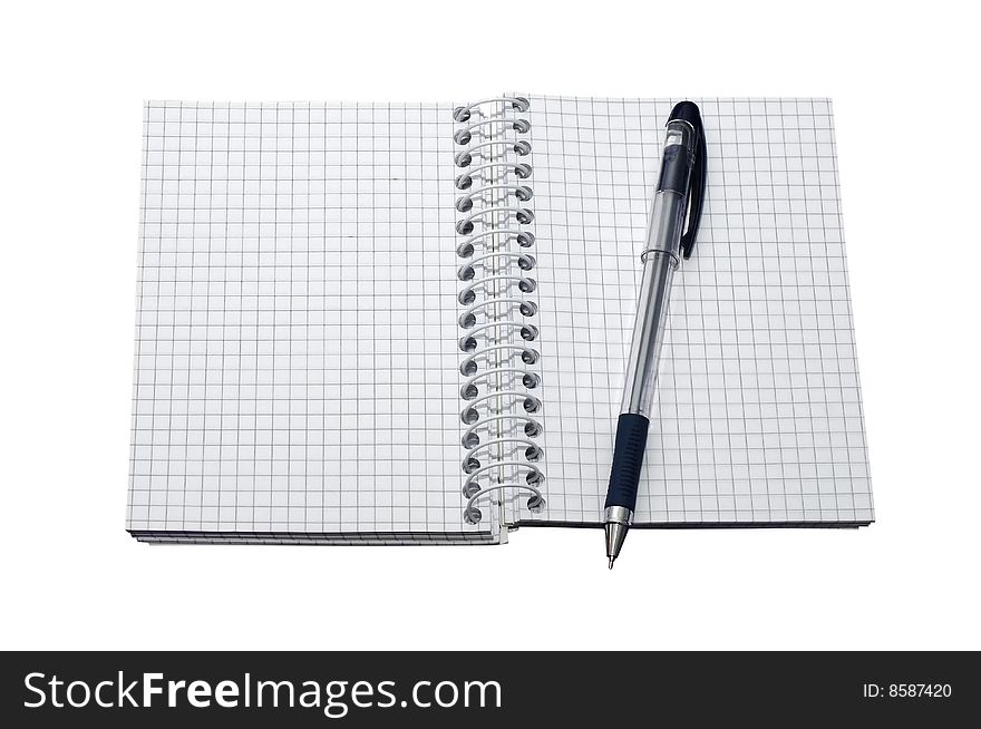 Open Notebook with empty pages and Pen isolated on a white