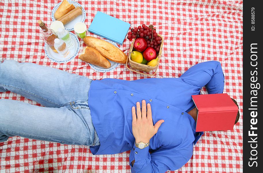 A man cover his face with book while in picnic. A man cover his face with book while in picnic