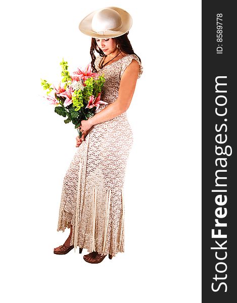 Beautiful lady in a beige long dress and hat standing in the studio with 
pink lilies in her arm smiling, for white background. Beautiful lady in a beige long dress and hat standing in the studio with 
pink lilies in her arm smiling, for white background.