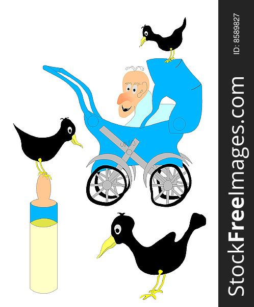 Kid in the stroller, in a park surrounded by birds. Graphics, image.