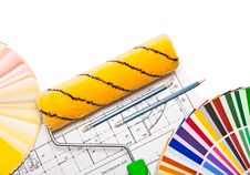 Paintig Roller, Pencils, Drawings And Color Guide Stock Images Paintig Roller, Pencils, Drawings And Color Guide Stock Images