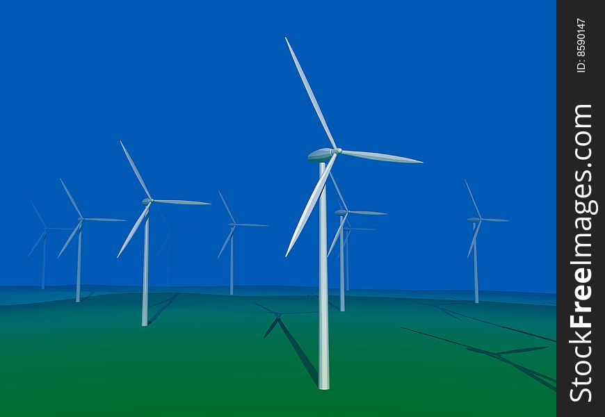 3d image,windmill on green land.