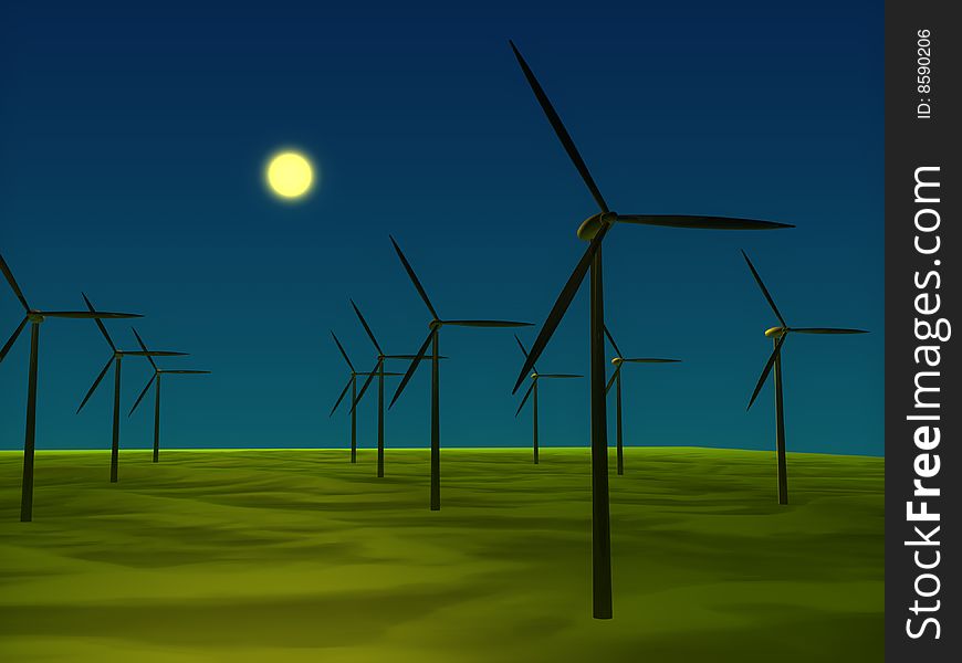 3d image,windmill on green land.