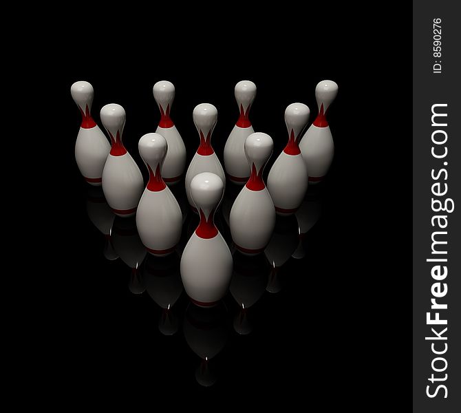 Bowling pins isolated on a black background (3d rendering). Bowling pins isolated on a black background (3d rendering)