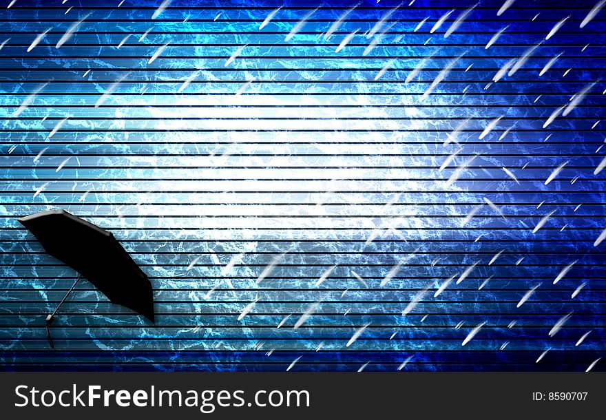 Blue background with rain illustration and one umbrella. Blue background with rain illustration and one umbrella