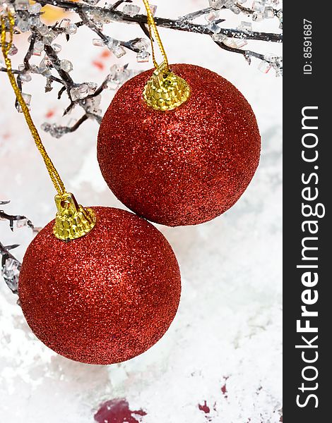 Red Christmas balls on winter tree