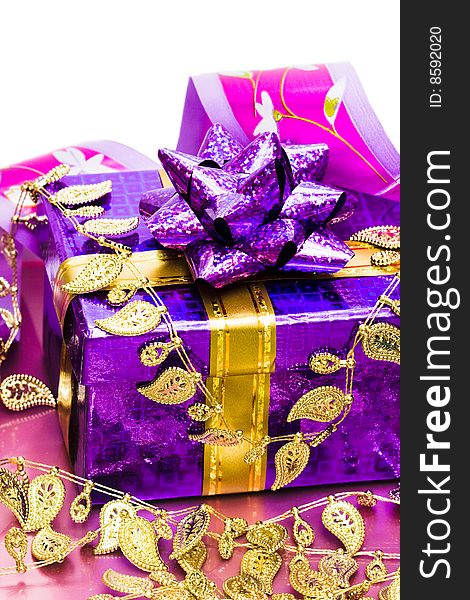 Violet gift box with ribbon