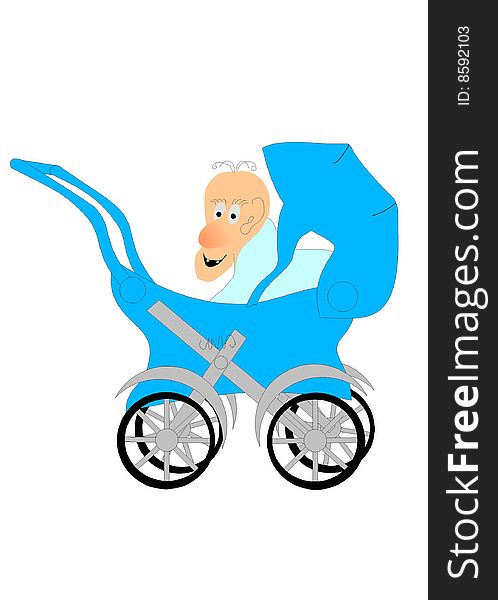Our baby. Picture a small baby, who observes the world with a pram. Drawings, graphics, cartoon.
