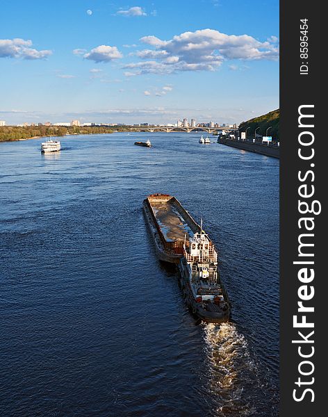 Barge on river, high angle view