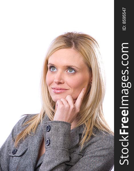 Business woman thinking isolated on white in studio