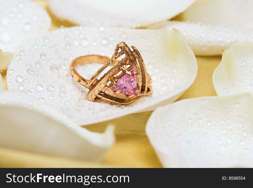 Golden ring with rose petals