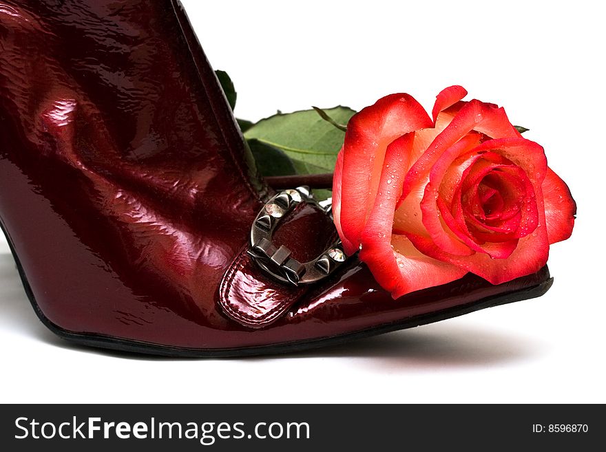 Shoes with rose isolated on white background