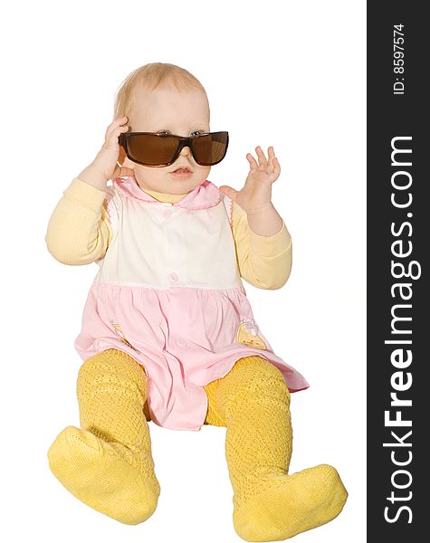Small child with sunglasseses on white background. Small child with sunglasseses on white background