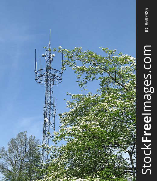 Communication tower in the blue sky