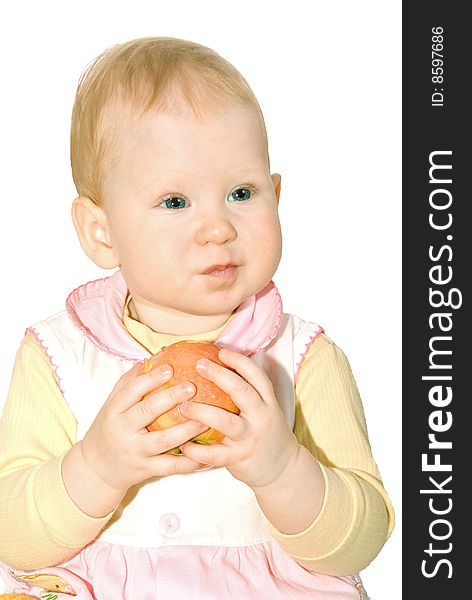 Small child with apple in hand on white background. Small child with apple in hand on white background