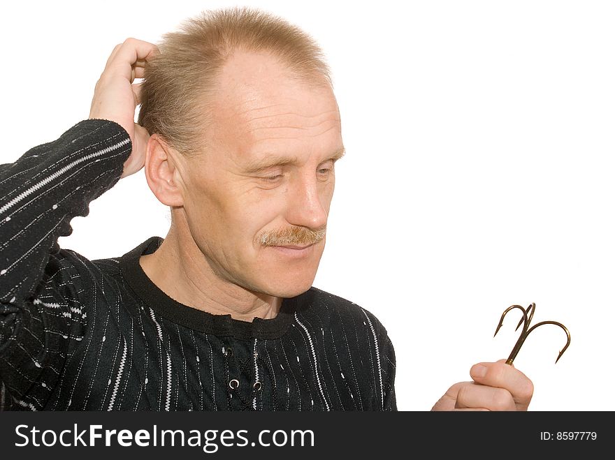 Man with fishing hook on white background. Man with fishing hook on white background