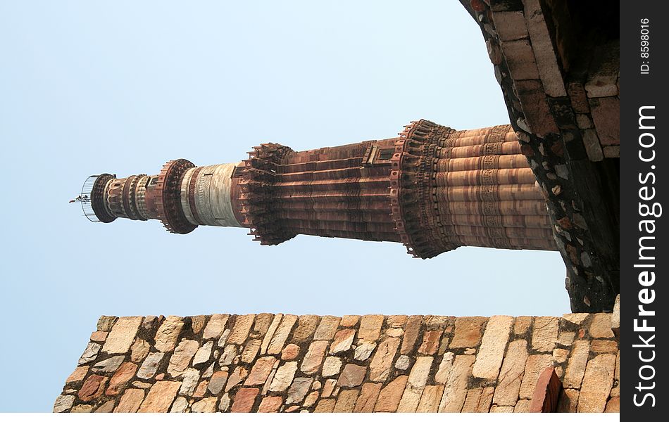 Famous stone pillar monument Qutb Minar, Delhi, India, Asia