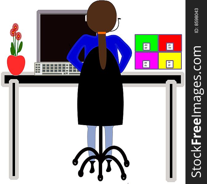Fantasy drawing depicting a woman at the desk in the office