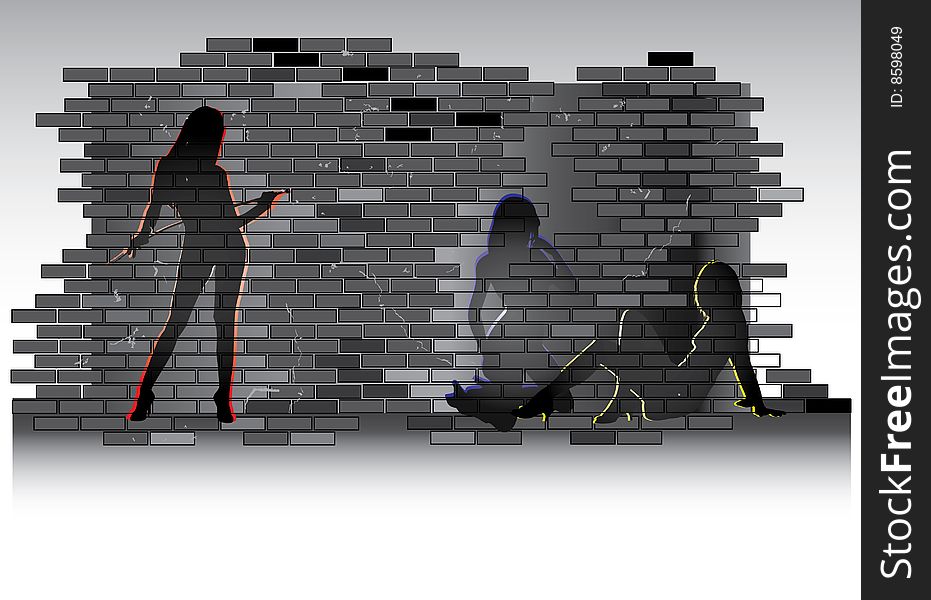 Street drawing of three woman on brick wall
