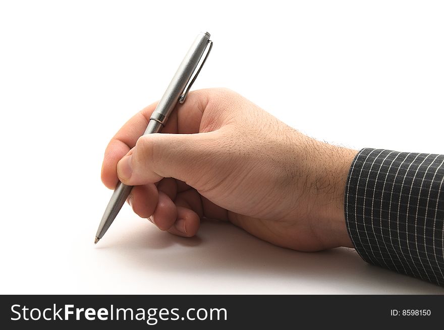Hand With Black Shirt Holding Silver Metal Pen