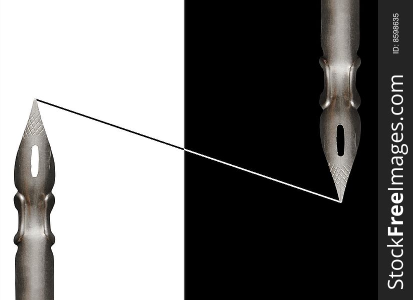 Two old steel pens drawing line simultaneously on black and white background