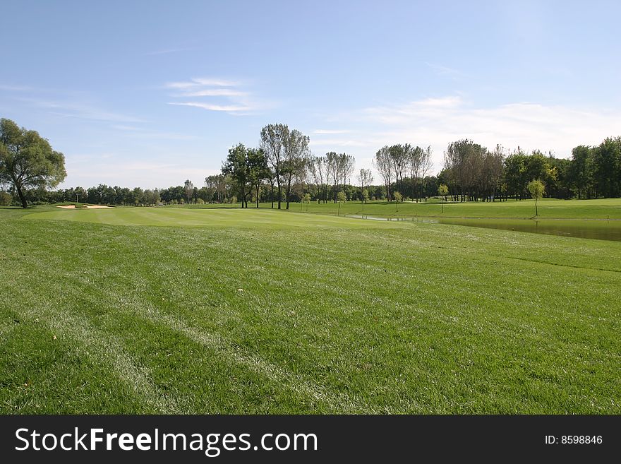 There are grassplot and some tree in the golf course.