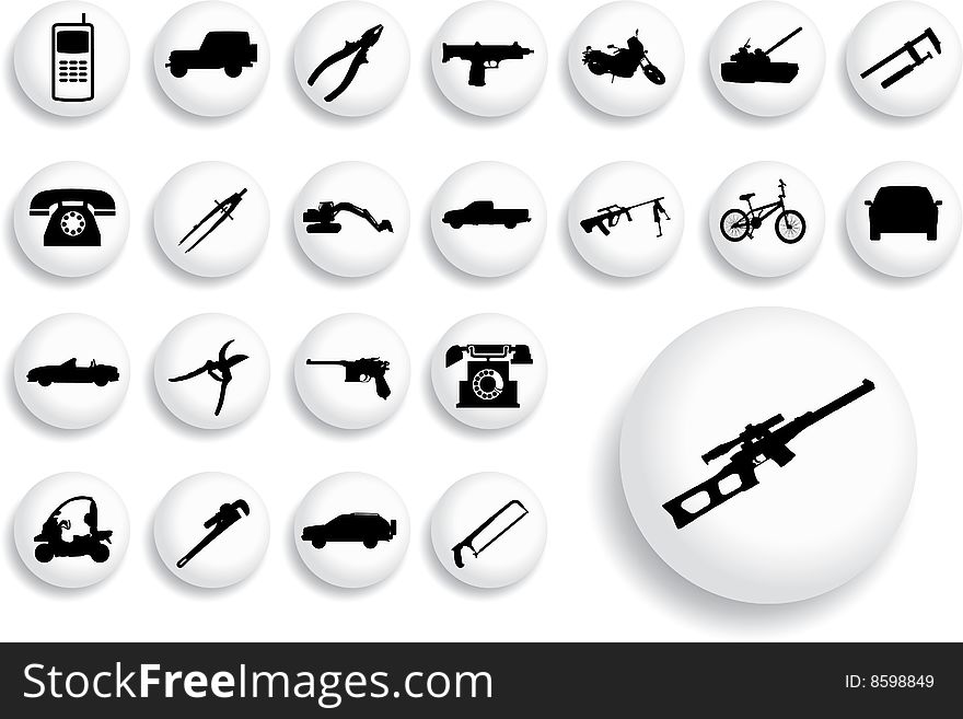 Big set buttons - 15_B. Machines and technologies.  Vector images with cars, weapon, tools etc. Big set buttons - 15_B. Machines and technologies.  Vector images with cars, weapon, tools etc.