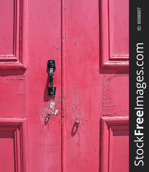 Old red door close up