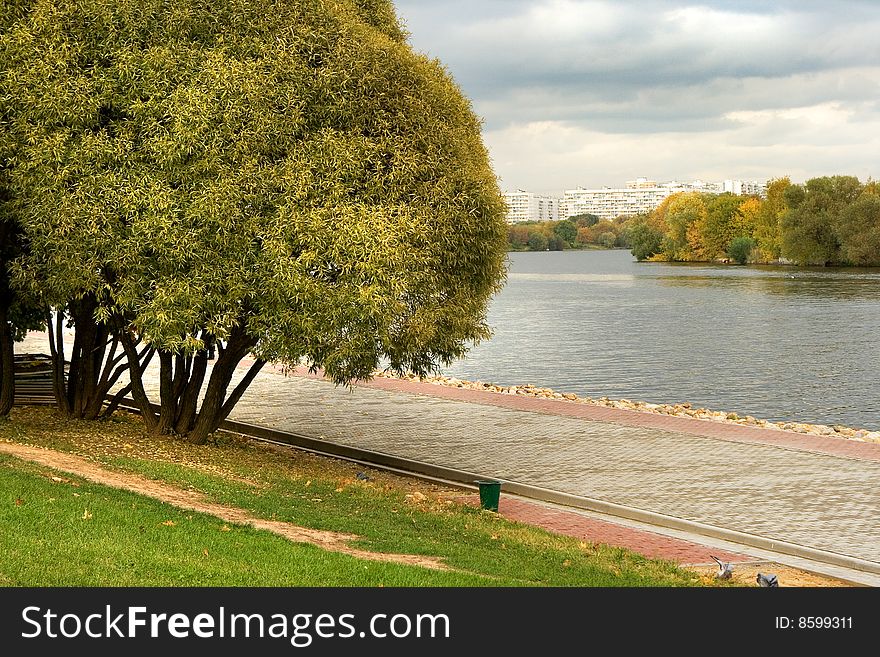 The river shore with an urban autumn paysage. The river shore with an urban autumn paysage