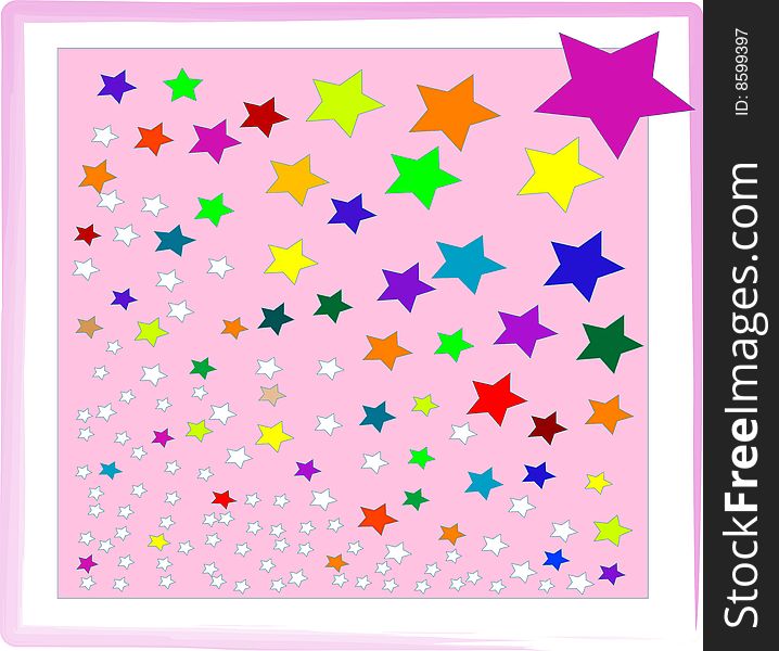 Multi-colored stars on pink background.