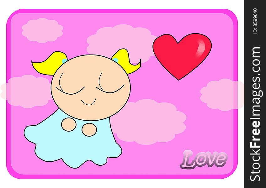 A sweet romantic little girl flying in the sky and thinking about love on a pink tag. Digital drawing. Coloured picture. A sweet romantic little girl flying in the sky and thinking about love on a pink tag. Digital drawing. Coloured picture.