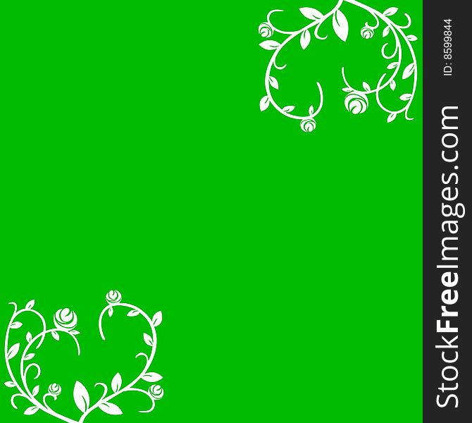 A bold green background with white floral patterns in corners. A bold green background with white floral patterns in corners