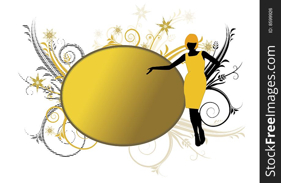 Yellow banner or frame with women silhouette in dress and swirls in background