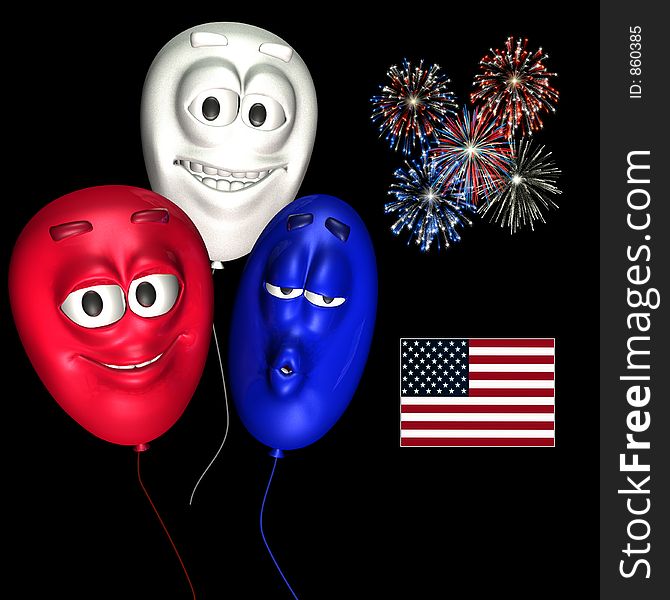 Three Smiley Balloons in red, white, and blue with fireworks and an American flag. Three Smiley Balloons in red, white, and blue with fireworks and an American flag