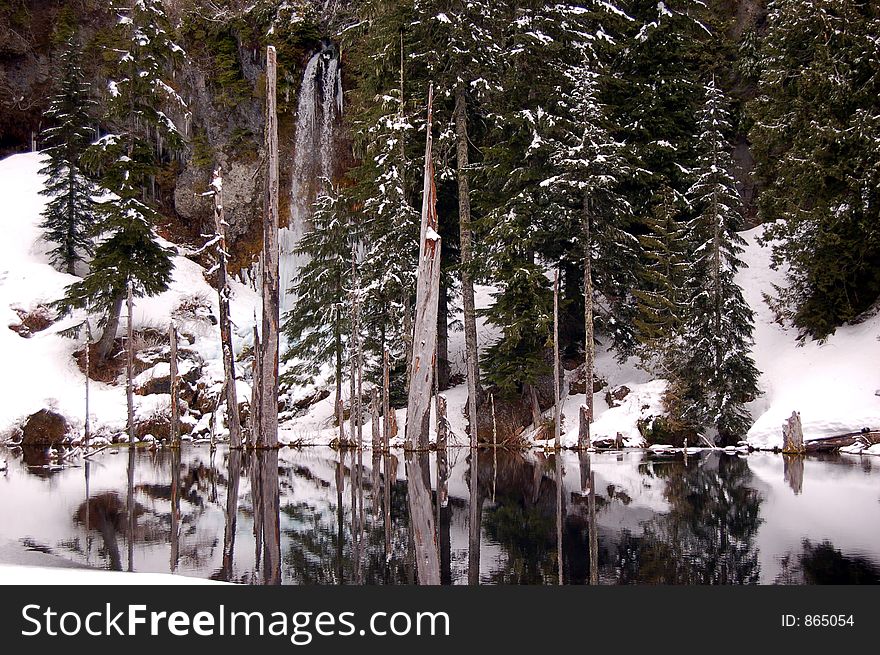 Winter and the Waterfall at June Lake on Mount St. Helens. Winter and the Waterfall at June Lake on Mount St. Helens