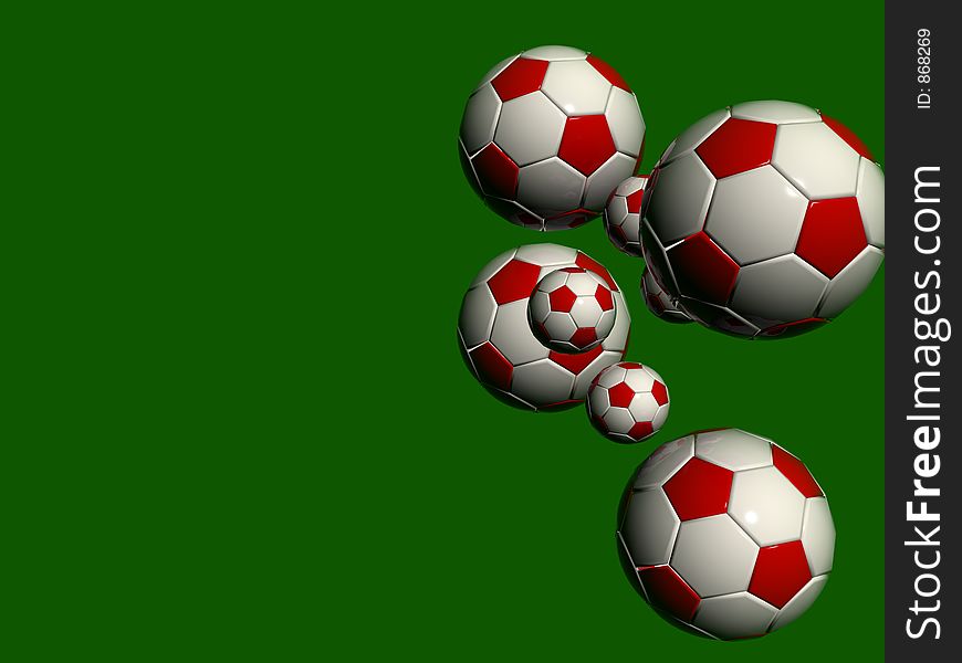 White red soccer balls on green background