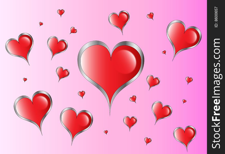 Red metalic hearts over pink background. Red metalic hearts over pink background