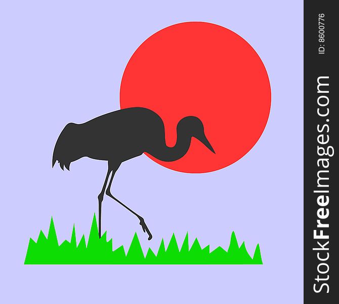 Vector silhouette of the crane on background red sun