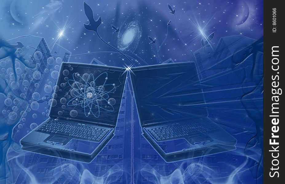 A couple of notebooks flying at night on urban city background. A couple of notebooks flying at night on urban city background