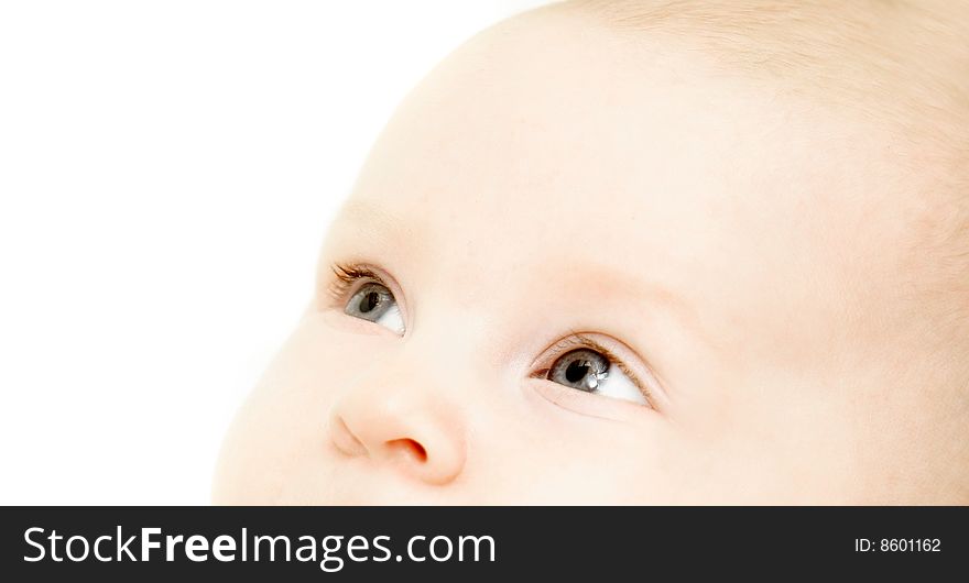 Close up baby portrait over white