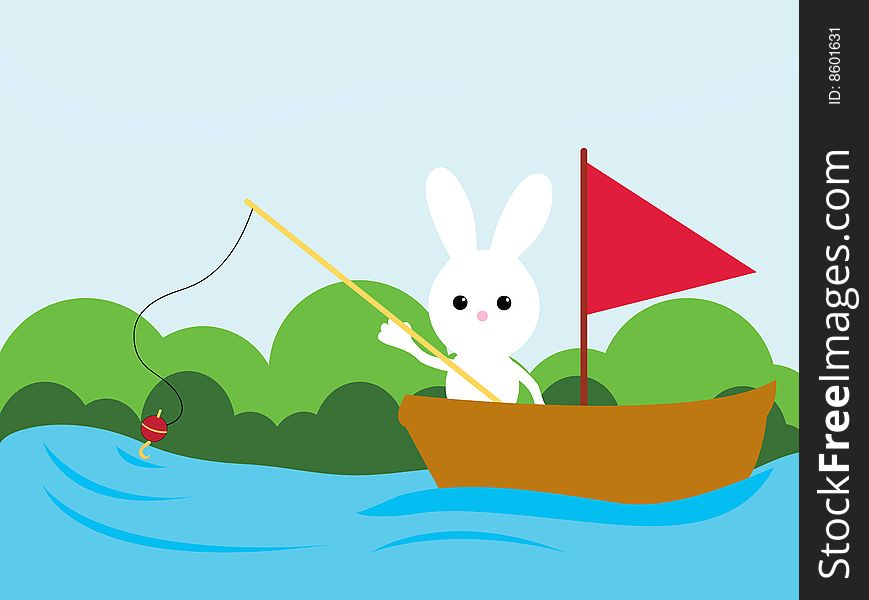 A white bunny on a fishing trip. A white bunny on a fishing trip