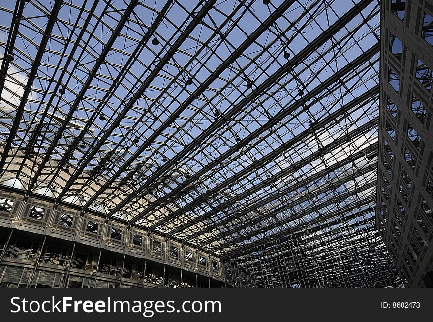 Skylight of modern building, steel framework of building