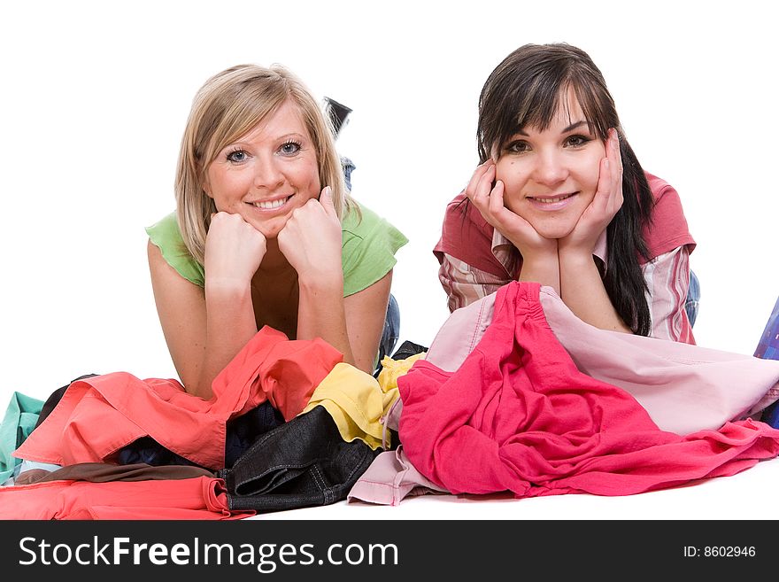 Two attractive women with clothes. Two attractive women with clothes