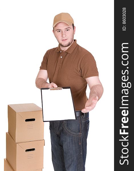 Delivery man with a package isolated on white background