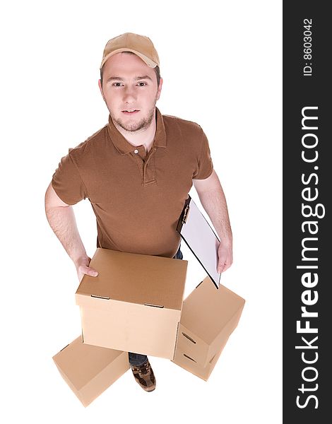 Delivery man with a package isolated on white background