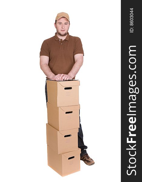 Delivery man with a package isolated on white background