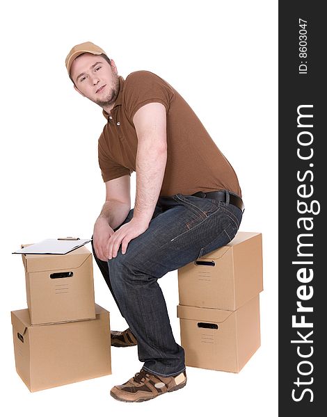 Delivery man with a package isolated on white background